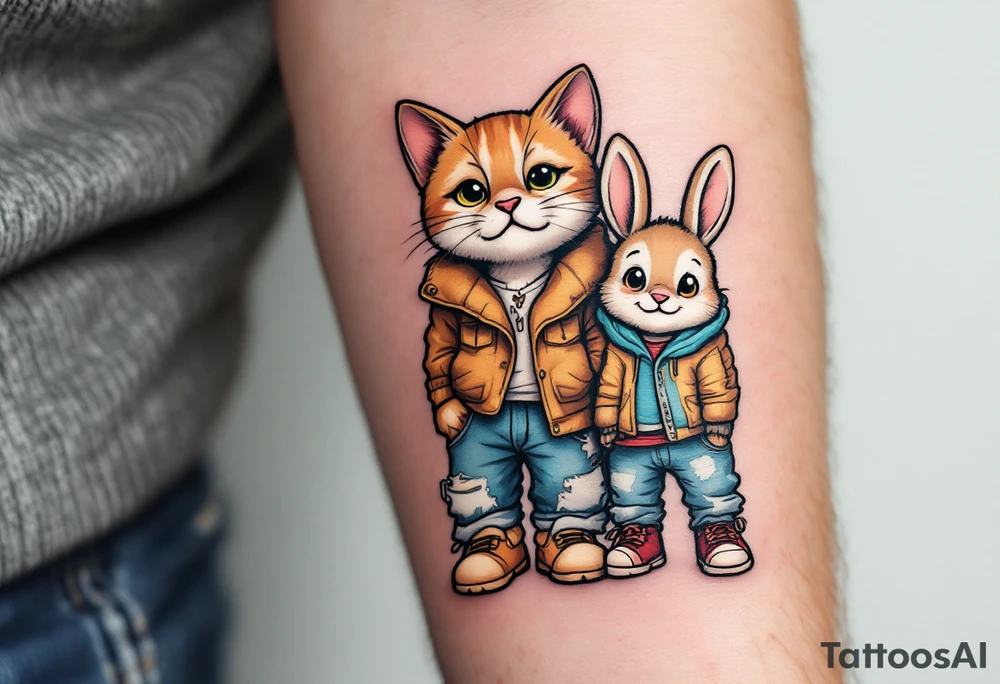 A playful cat, a loyal dog, and a tiny bunny dressed on casual human clothes tattoo idea