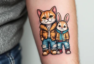 A playful cat, a loyal dog, and a tiny bunny dressed on casual human clothes tattoo idea