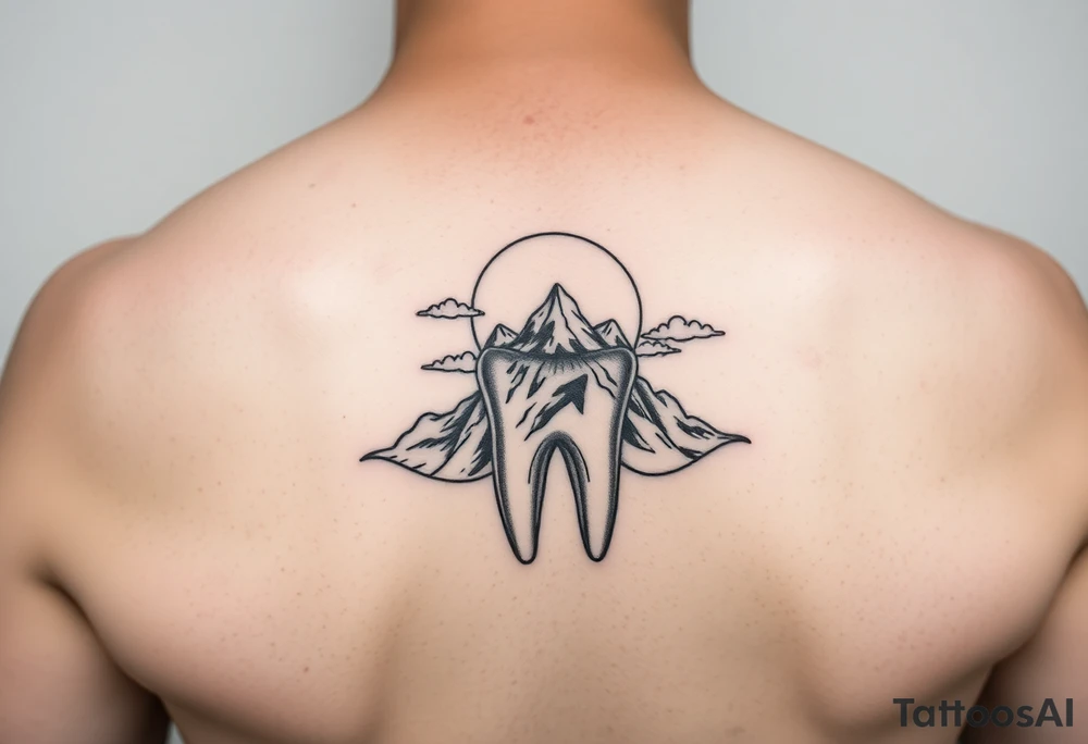 A molar tooth carved like a tiny mountain surrounded by clouds and a rising sun behind, black and gray illustrative tattoo.” tattoo idea