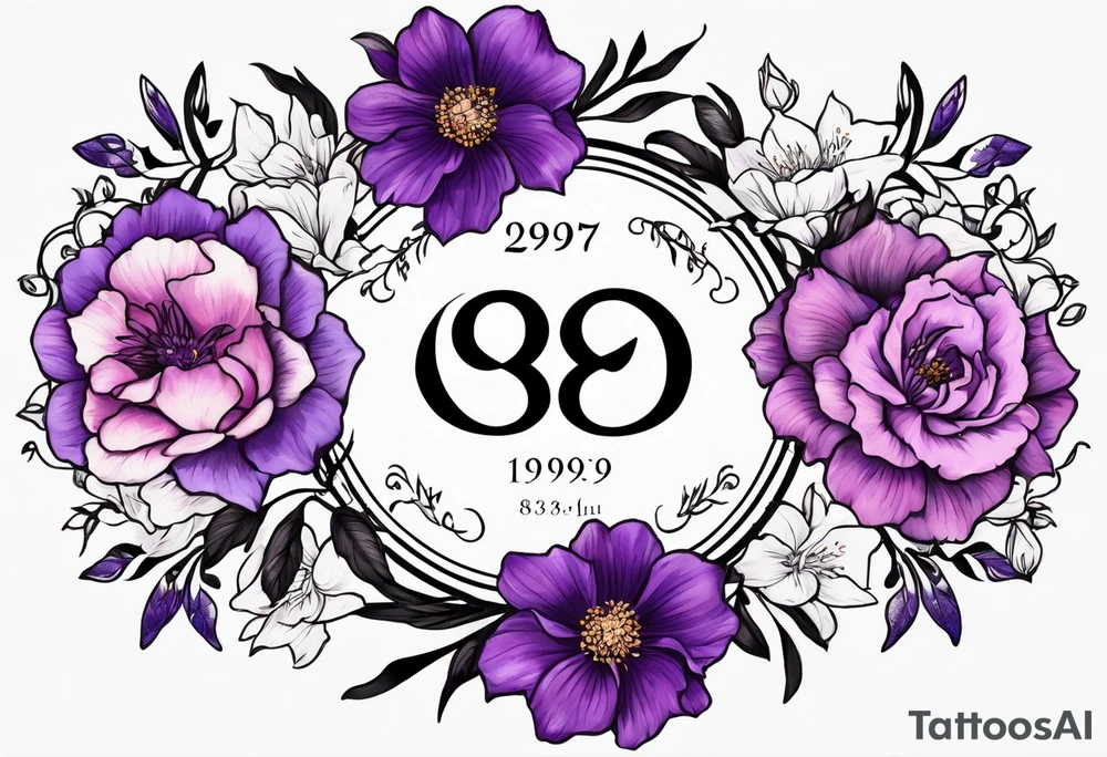 Infinity symbol with violet, rose, larkspur and aster birth flowers as one side of the symbol the date 8.30.1997 on the other side tattoo idea