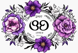 Infinity symbol with violet, rose, larkspur and aster birth flowers as one side of the symbol the date 8.30.1997 on the other side tattoo idea