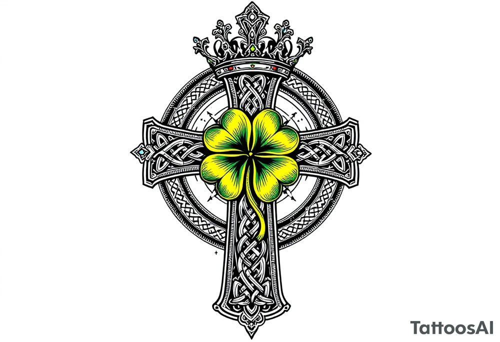 Masculine Celtic cross tattoo featuring intricate knotwork patterns along the arms and base of the cross. At the heart of the cross, place a vibrant four-leaf clover, its leaves shaded with subtle gradients of green, symbolizing luck and unity. Above the cross, incorporate a regal crown adorned with ornate details, such as small gemstones or filigree, to signify authority and strength. Behind the cross add more celtic knots surrounding it tattoo idea