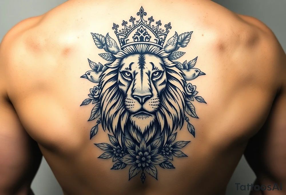 powerful majestic lion with a crown, surrounded by floral ornaments and birds tattoo idea