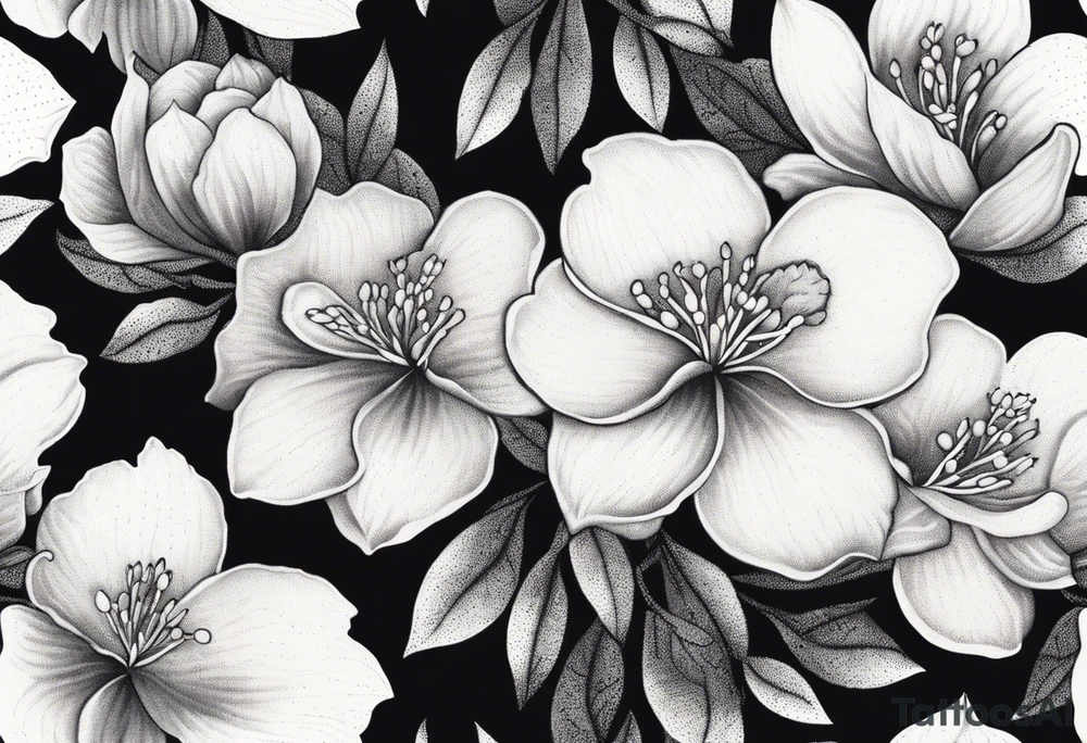 5-petal Azaleas, buds, leaves; curved design tattoo idea