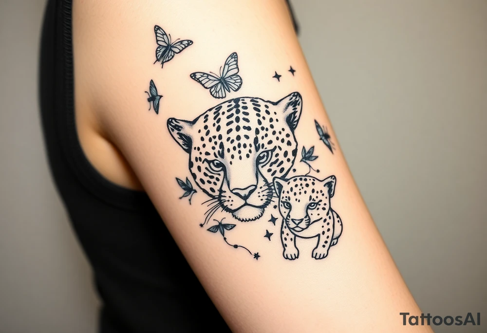 head of 3 jaguars (1 mother and 2 cubs) surrounded by butterflies and hummingbirds in new old school style tattoo idea