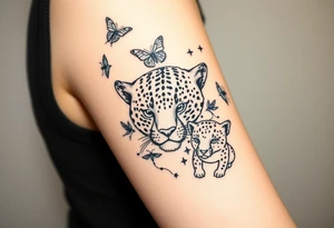 head of 3 jaguars (1 mother and 2 cubs) surrounded by butterflies and hummingbirds in new old school style tattoo idea