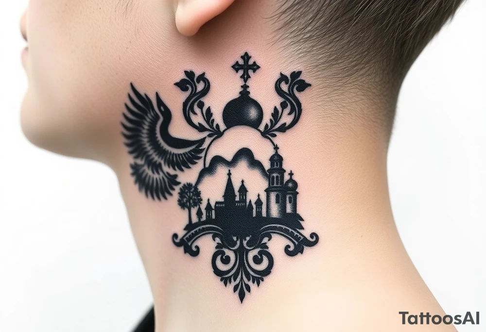 Traditional authentic Russian coat of arms with a Christian orthodox virgin marry in the middle and silhouette in a Russian wilderness Christian orthodoxy dome church village setting on the side of my neck tattoo idea