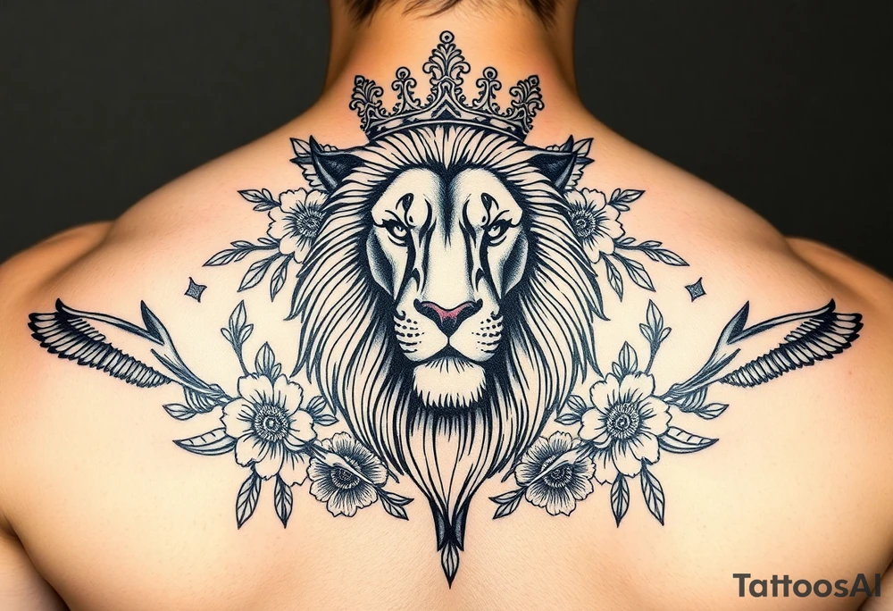 powerful majestic lion with a crown, surrounded by floral ornaments and birds tattoo idea
