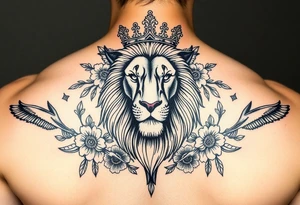 powerful majestic lion with a crown, surrounded by floral ornaments and birds tattoo idea