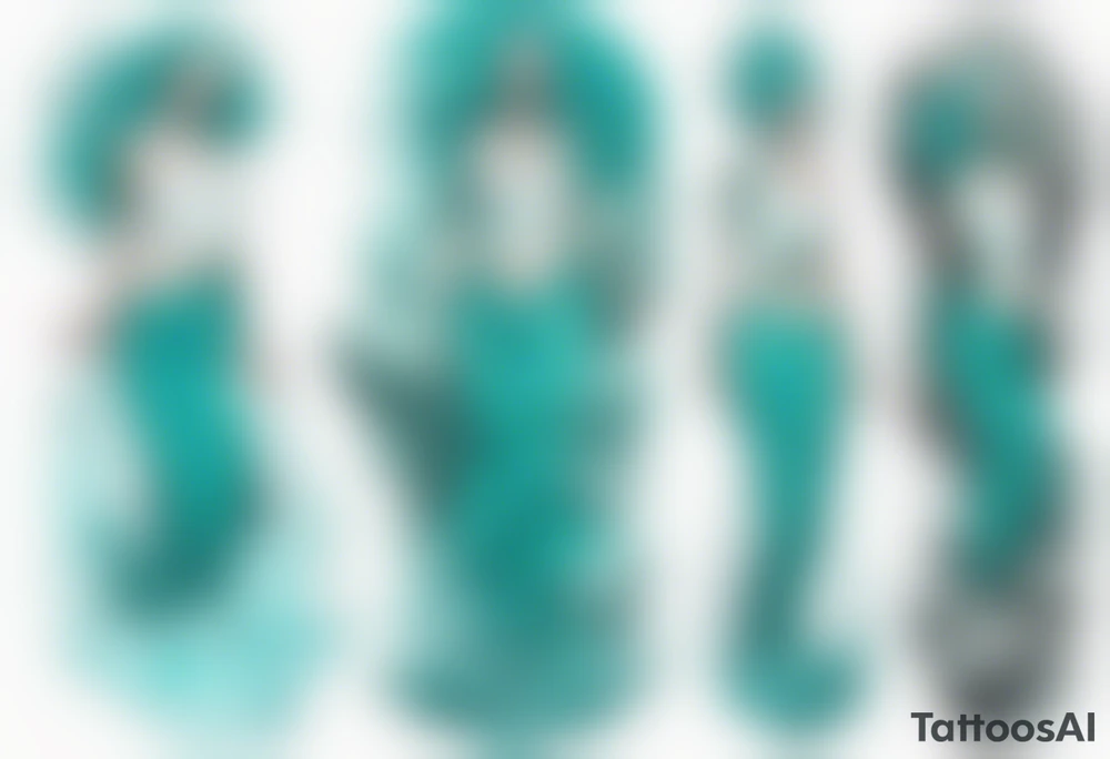 a tall woman made of water with turquoise hair waves crashing against rocks tattoo idea