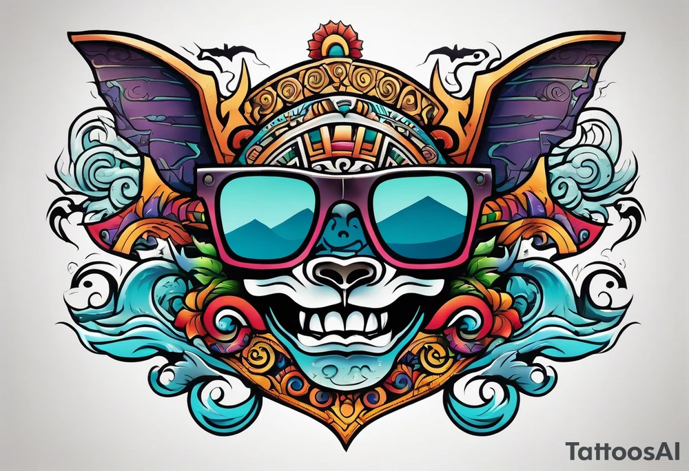 Colorful Mayan hieroglyph wearing sunglasses with ocean waves and bats tattoo idea