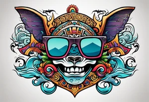 Colorful Mayan hieroglyph wearing sunglasses with ocean waves and bats tattoo idea