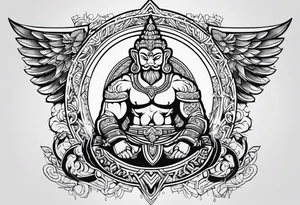 A simple tattoo that is placed on the upper back of a male. It should represent muay thai, discipline, pain and temple tattoo idea