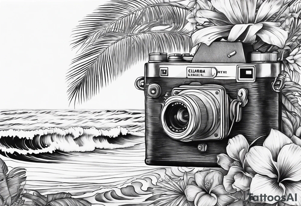wave,, flower, palm, camera tattoo idea
