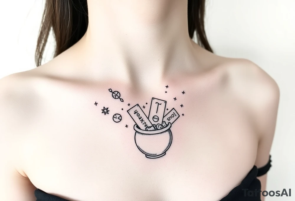 Milky way galaxy filled with zodiac symbols runes tarot cards coming out of a cauldron tattoo idea