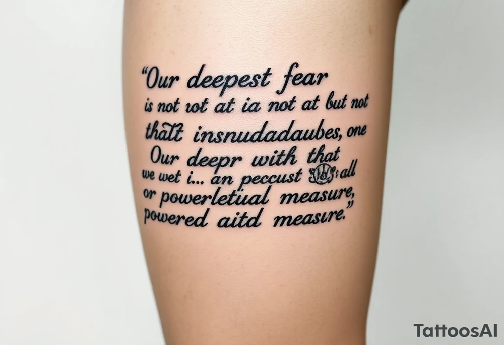 the quote is “ Our deepest fear is not that we are inadequate, Our deepest fear is that we are powerful beyond measure” intertwined with meaningful basketball jerseys or events tattoo idea