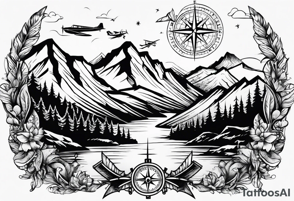 The word "HARK" with a mountain, compass and an airplane tattoo idea