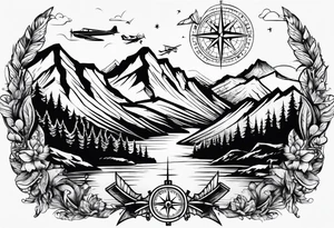 The word "HARK" with a mountain, compass and an airplane tattoo idea