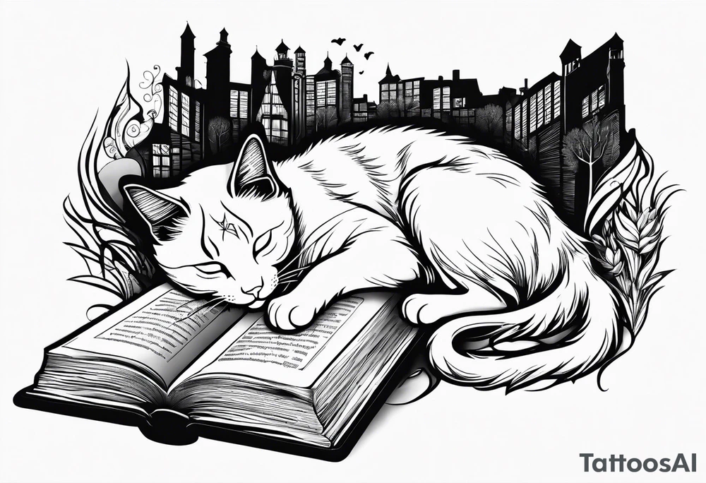 black sillhouette cat sleeping with a book sleeve tattoo tattoo idea