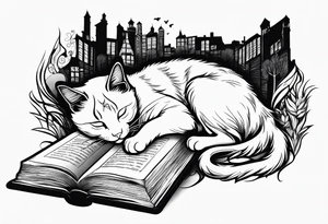black sillhouette cat sleeping with a book sleeve tattoo tattoo idea