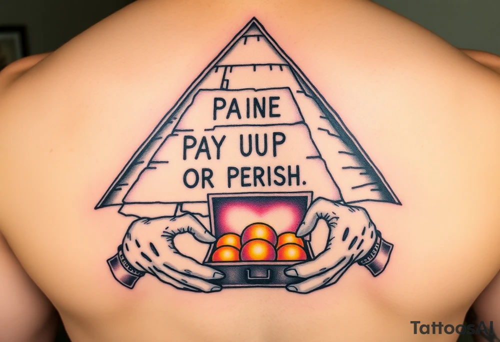 "Great Pyramid with 'PAY UP OR PERISH' carved in hieroglyphs. Alien hands (in white gloves) exchange a briefcase of glowing orbs.  

Style: 1950s pulp sci-fi. Colors: sand yellow/black/purple." tattoo idea