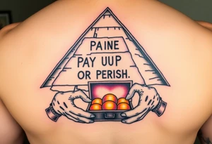 "Great Pyramid with 'PAY UP OR PERISH' carved in hieroglyphs. Alien hands (in white gloves) exchange a briefcase of glowing orbs.  

Style: 1950s pulp sci-fi. Colors: sand yellow/black/purple." tattoo idea