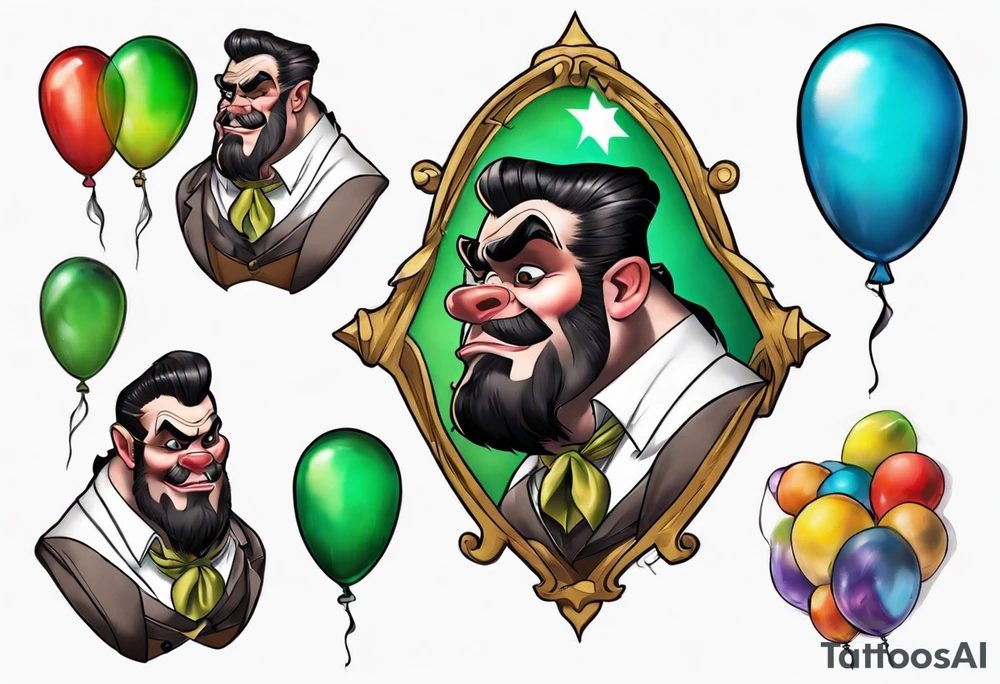 piton real with colored ballons from movie up! aside and a green gem on the other side tattoo idea