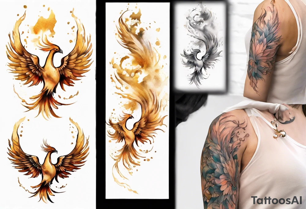 Sleeve tattoo on a woman's arm. Gold Phoenix tattoo idea