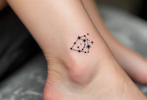 A tiny vivid  star constellation in white from inside a black-ink outline of Libra symbol on the ankle. tattoo idea