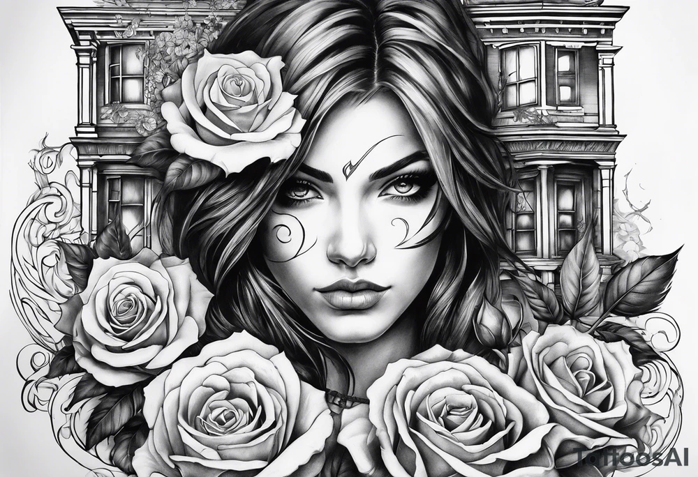 fool sleeve,, abandoned old gotic house, broken sword, roses, tattoo idea