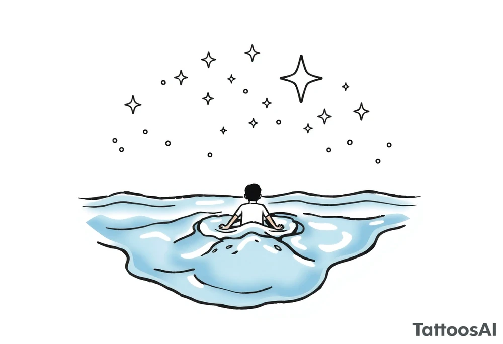 Simple line of water with a person coming out of the water with a night sky and shining stars tattoo idea