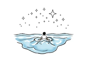 Simple line of water with a person coming out of the water with a night sky and shining stars tattoo idea