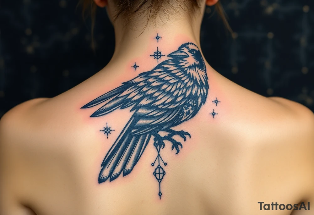 Raven with starry sky background with zodiac constellations in it with runes in sky tattoo idea