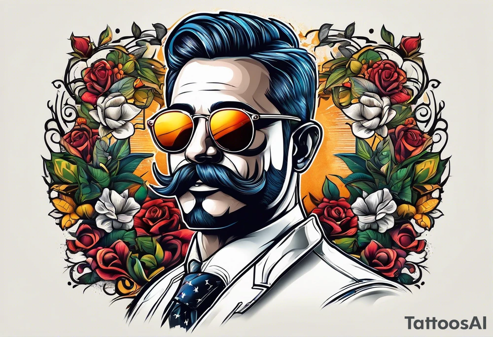 Attractive Male, slim round face, 
mustache, tools, ray-bans tattoo idea