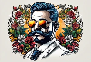 Attractive Male, slim round face, 
mustache, tools, ray-bans tattoo idea