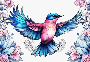 Delicate pink and blue bird in flight tattoo idea