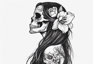 sideview of female skull with long open hair and tulip sign on neck and catrina painting, friendly mood tattoo idea
