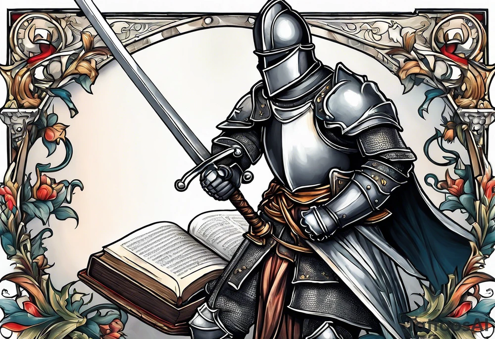 a knight pulling a sword out of an open bible tattoo idea