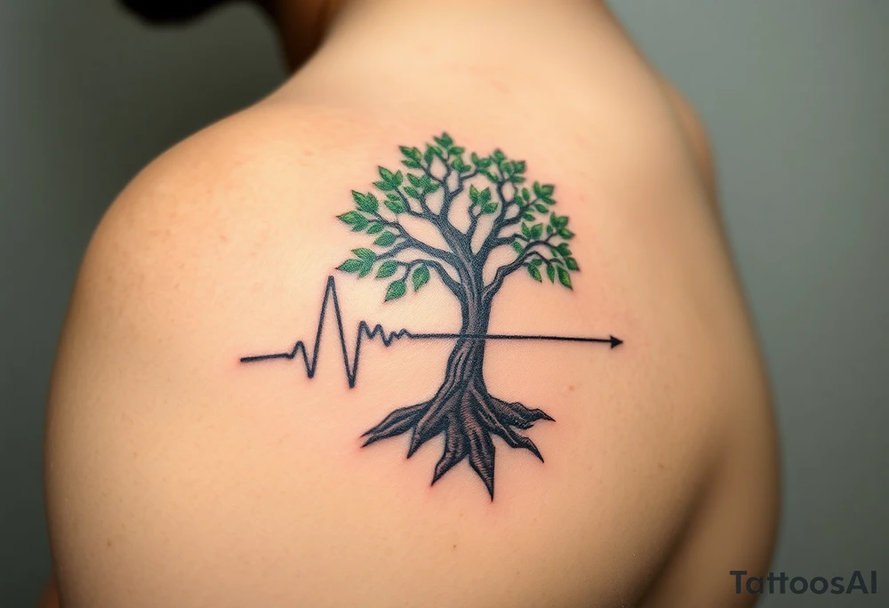 A heartbeat line flowing into a tree silhouette, with green leaves and brown bark, symbolizing the growth and strength of love tattoo idea