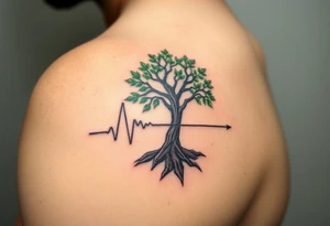 A heartbeat line flowing into a tree silhouette, with green leaves and brown bark, symbolizing the growth and strength of love tattoo idea