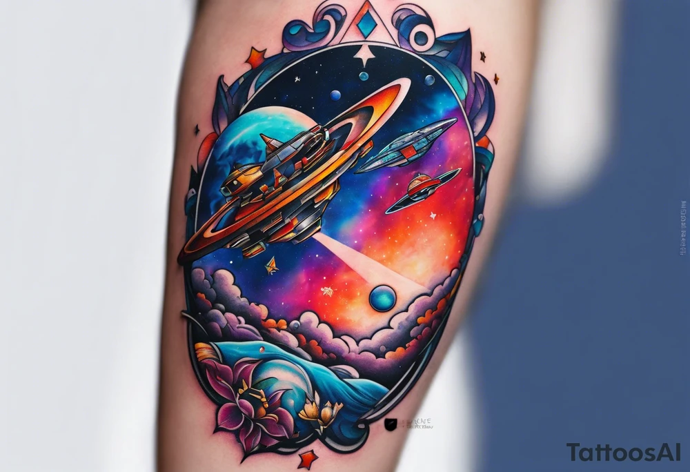 Tattoo featuring space featuring spaceships and featuring water in galaxy colours featuring animals tattoo idea