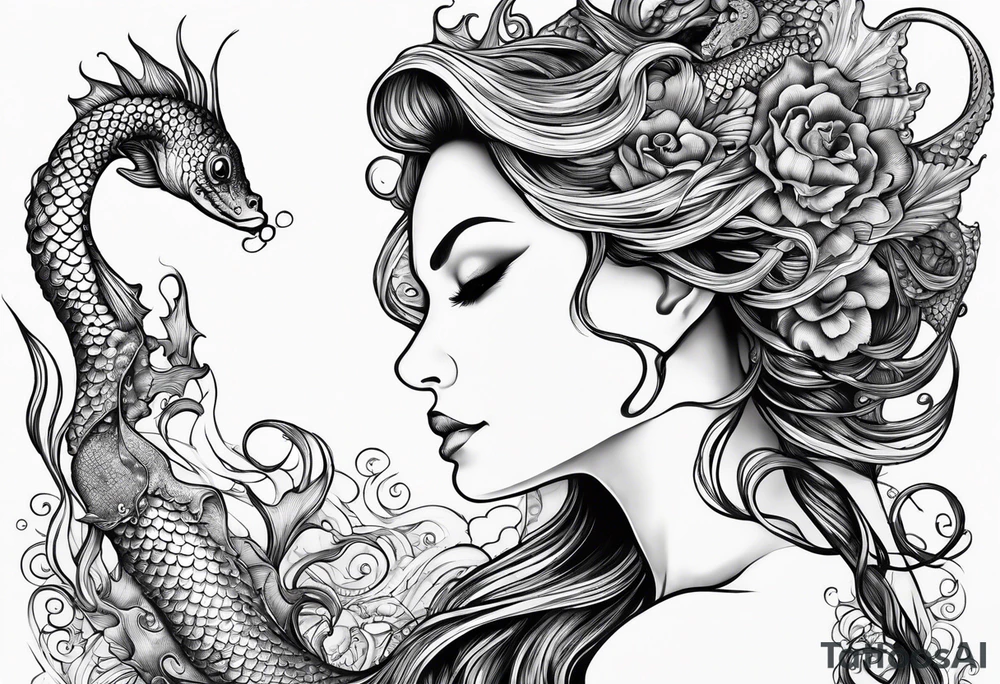 Side profile mermaid with trident looking at seahorse face to face. Tattoos on skin and scales showing, octopus tentacles wrapped around tattoo idea