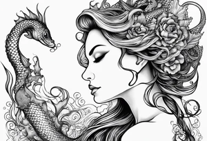 Side profile mermaid with trident looking at seahorse face to face. Tattoos on skin and scales showing, octopus tentacles wrapped around tattoo idea