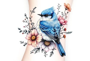 Puffy bluebird surrounded by wild flowers tattoo idea