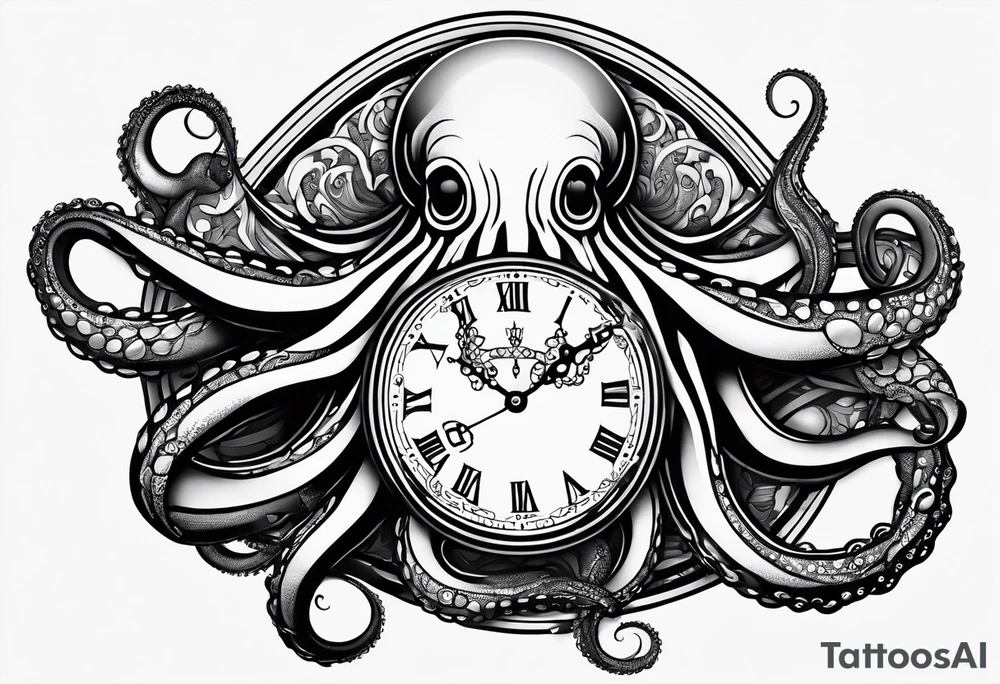 pocket watch wrapped under an aggressive octopus, 3/4 perspective tattoo idea