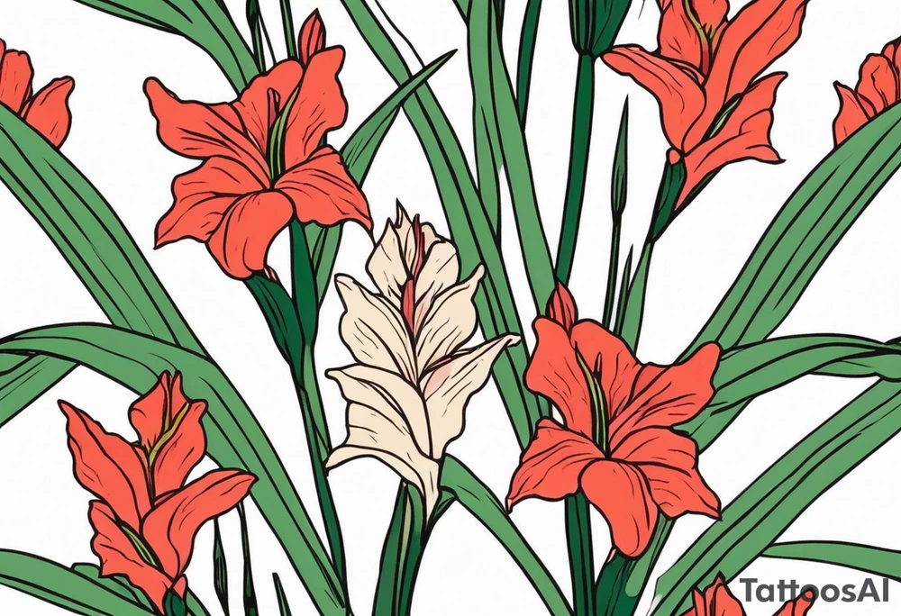 one single narrow gladiolus stalk. green leaves. coral-colored flowers with deep red centers. tattoo idea