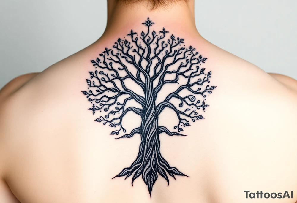 hiv positive mystical tree of life with cosmic roots and celestial branches tattoo idea