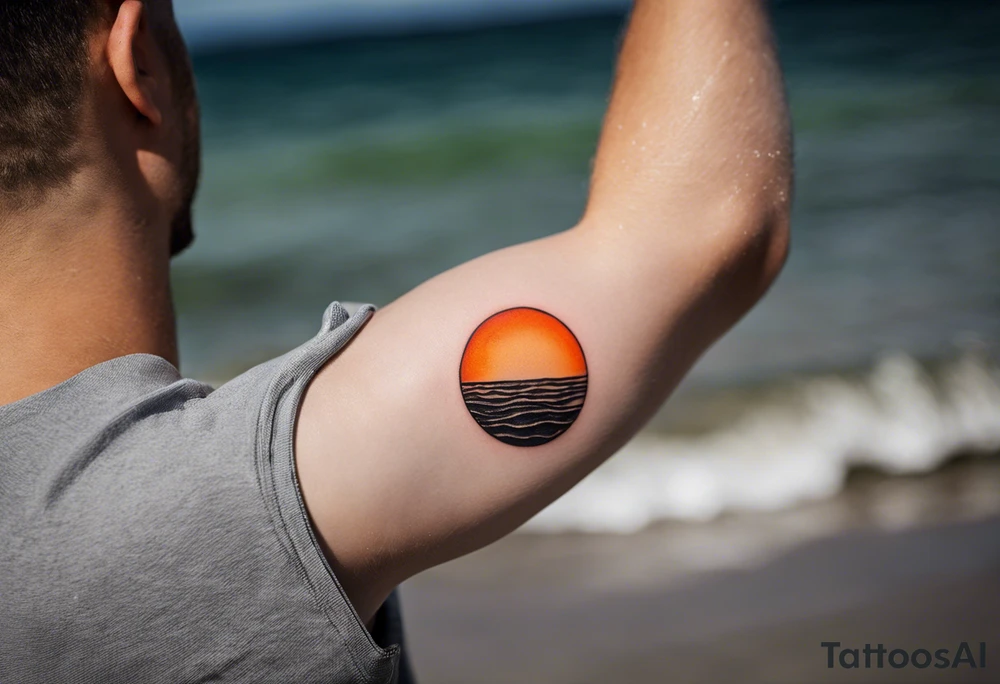 This is an extremely simple and minimalistic tattoo on male forearm. It is black and white with minuscule splashes of orange from the sun. The tattoo 4 inches wide by 2 inches tall. From the perspective of being on the ocean, Water is calm, with no waves in sight, the sun is setting behind the ocean, reflecting light onto the ocean. tattoo idea