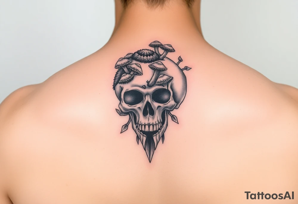 Skull with moss and mushrooms on it tattoo idea