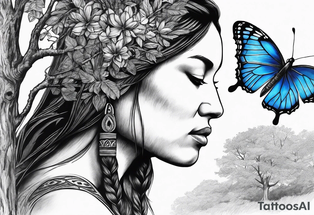 Tree with upper left branches forming a native American woman's face as she looks down onto the trees base and a lonely woman kneels there with 1 blue butterfly tattoo idea